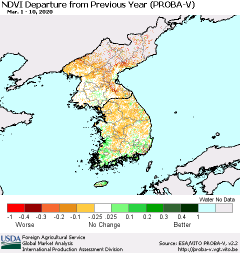 Korea NDVI Departure from Previous Year (PROBA-V) Thematic Map For 3/1/2020 - 3/10/2020