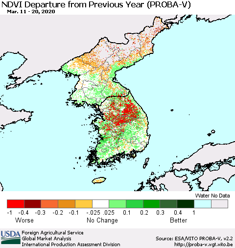 Korea NDVI Departure from Previous Year (PROBA-V) Thematic Map For 3/11/2020 - 3/20/2020