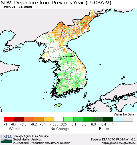 Korea NDVI Departure from Previous Year (PROBA-V) Thematic Map For 3/21/2020 - 3/31/2020