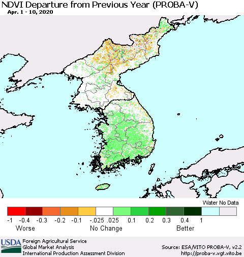 Korea NDVI Departure from Previous Year (PROBA-V) Thematic Map For 4/1/2020 - 4/10/2020