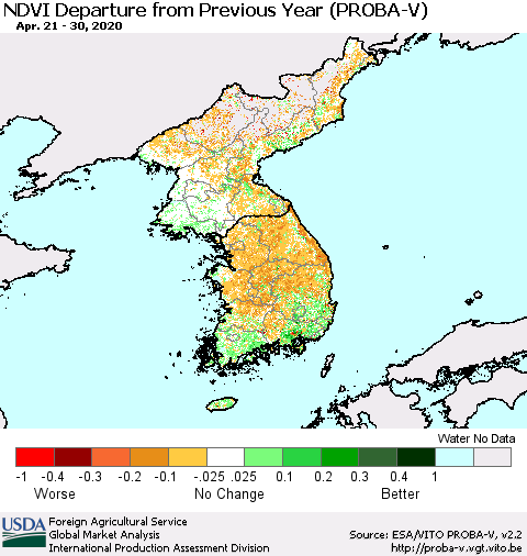 Korea NDVI Departure from Previous Year (PROBA-V) Thematic Map For 4/21/2020 - 4/30/2020