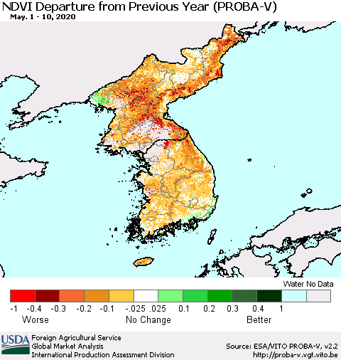 Korea NDVI Departure from Previous Year (PROBA-V) Thematic Map For 5/1/2020 - 5/10/2020
