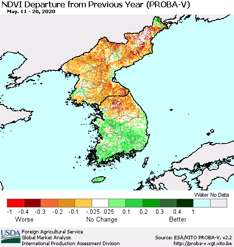 Korea NDVI Departure from Previous Year (PROBA-V) Thematic Map For 5/11/2020 - 5/20/2020