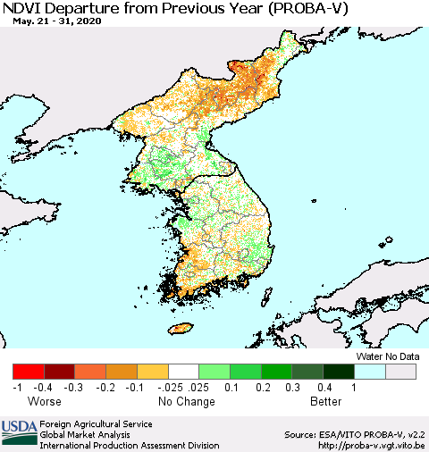 Korea NDVI Departure from Previous Year (PROBA-V) Thematic Map For 5/21/2020 - 5/31/2020