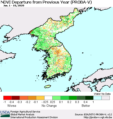 Korea NDVI Departure from Previous Year (PROBA-V) Thematic Map For 6/1/2020 - 6/10/2020