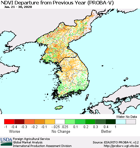 Korea NDVI Departure from Previous Year (PROBA-V) Thematic Map For 6/21/2020 - 6/30/2020