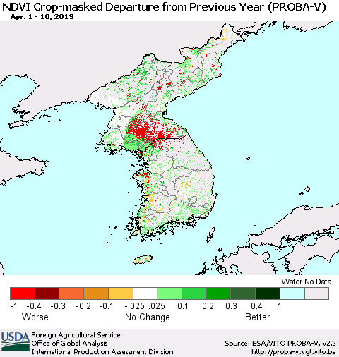 Korea NDVI Crop-masked Departure from Previous Year (PROBA-V) Thematic Map For 4/1/2019 - 4/10/2019