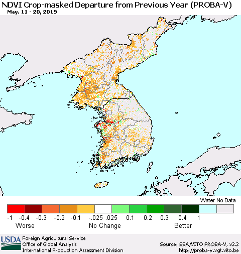 Korea NDVI Crop-masked Departure from Previous Year (PROBA-V) Thematic Map For 5/11/2019 - 5/20/2019