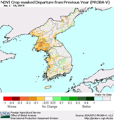 Korea NDVI Crop-masked Departure from Previous Year (PROBA-V) Thematic Map For 6/1/2019 - 6/10/2019