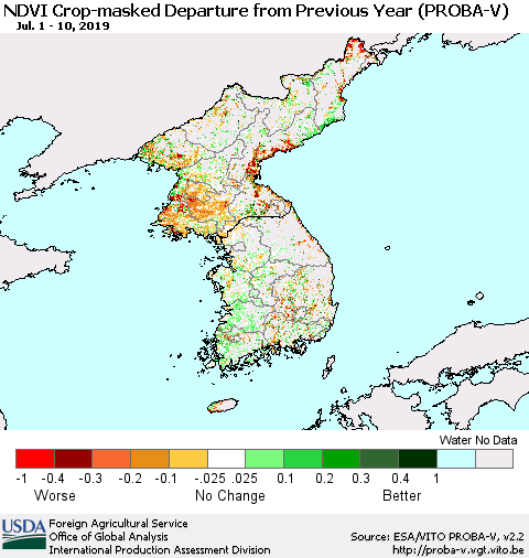 Korea NDVI Crop-masked Departure from Previous Year (PROBA-V) Thematic Map For 7/1/2019 - 7/10/2019