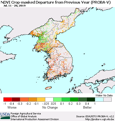 Korea NDVI Crop-masked Departure from Previous Year (PROBA-V) Thematic Map For 7/11/2019 - 7/20/2019