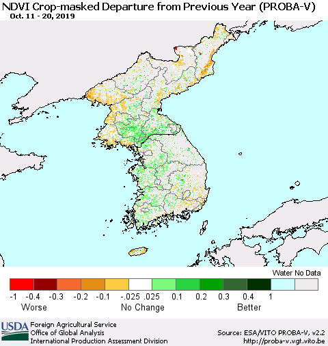 Korea NDVI Crop-masked Departure from Previous Year (PROBA-V) Thematic Map For 10/11/2019 - 10/20/2019