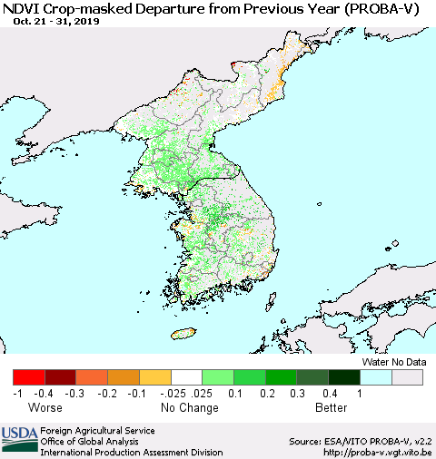 Korea NDVI Crop-masked Departure from Previous Year (PROBA-V) Thematic Map For 10/21/2019 - 10/31/2019