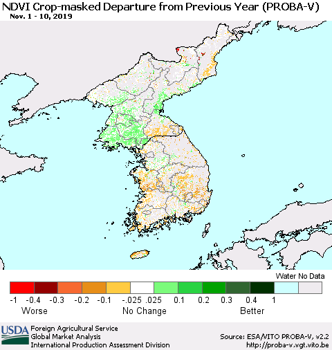 Korea NDVI Crop-masked Departure from Previous Year (PROBA-V) Thematic Map For 11/1/2019 - 11/10/2019
