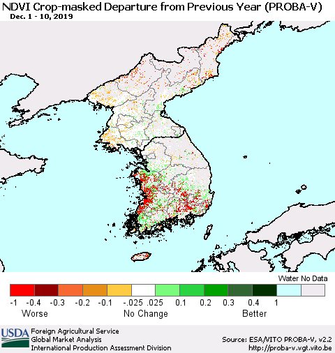 Korea NDVI Crop-masked Departure from Previous Year (PROBA-V) Thematic Map For 12/1/2019 - 12/10/2019