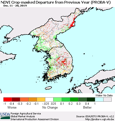 Korea NDVI Crop-masked Departure from Previous Year (PROBA-V) Thematic Map For 12/11/2019 - 12/20/2019