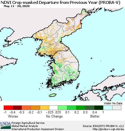 Korea NDVI Crop-masked Departure from Previous Year (PROBA-V) Thematic Map For 5/11/2020 - 5/20/2020