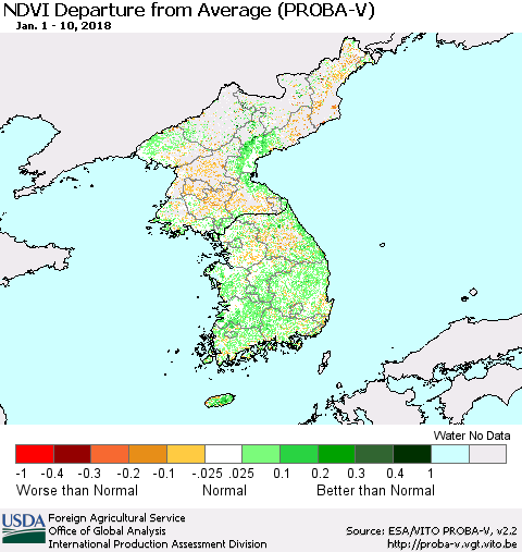 Korea NDVI Departure from Average (PROBA-V) Thematic Map For 1/1/2018 - 1/10/2018