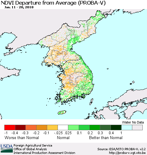 Korea NDVI Departure from Average (PROBA-V) Thematic Map For 1/11/2018 - 1/20/2018