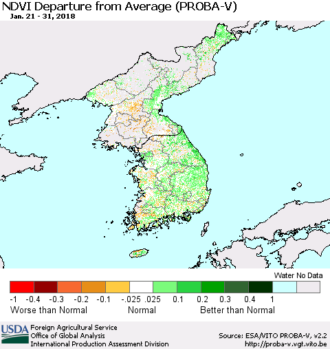 Korea NDVI Departure from Average (PROBA-V) Thematic Map For 1/21/2018 - 1/31/2018