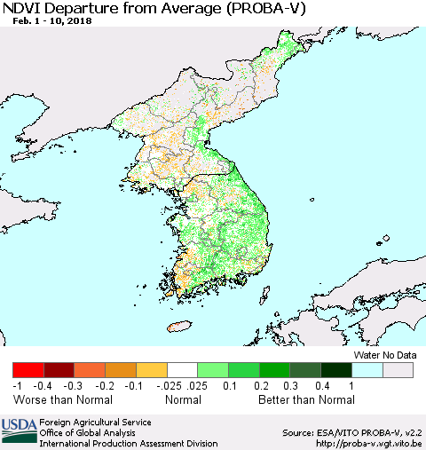 Korea NDVI Departure from Average (PROBA-V) Thematic Map For 2/1/2018 - 2/10/2018