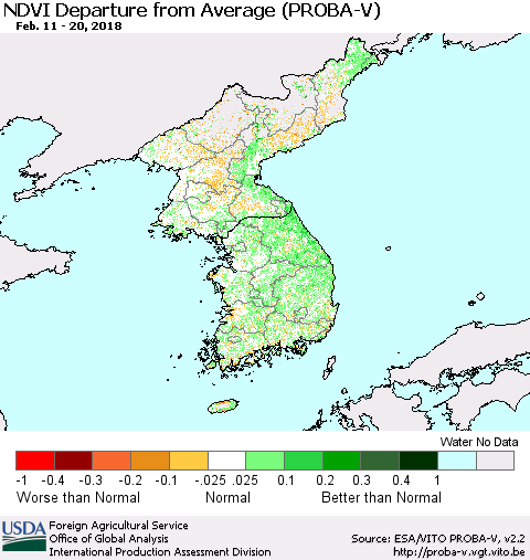 Korea NDVI Departure from Average (PROBA-V) Thematic Map For 2/11/2018 - 2/20/2018