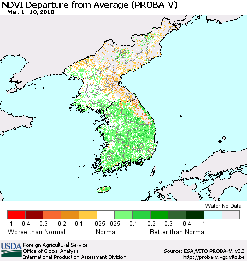 Korea NDVI Departure from Average (PROBA-V) Thematic Map For 3/1/2018 - 3/10/2018