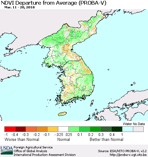 Korea NDVI Departure from Average (PROBA-V) Thematic Map For 3/11/2018 - 3/20/2018