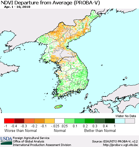 Korea NDVI Departure from Average (PROBA-V) Thematic Map For 4/1/2018 - 4/10/2018