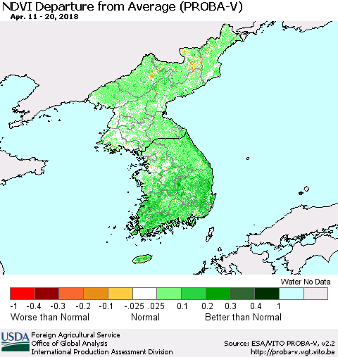 Korea NDVI Departure from Average (PROBA-V) Thematic Map For 4/11/2018 - 4/20/2018