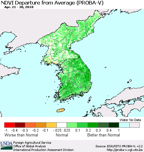 Korea NDVI Departure from Average (PROBA-V) Thematic Map For 4/21/2018 - 4/30/2018