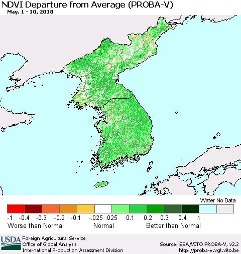 Korea NDVI Departure from Average (PROBA-V) Thematic Map For 5/1/2018 - 5/10/2018