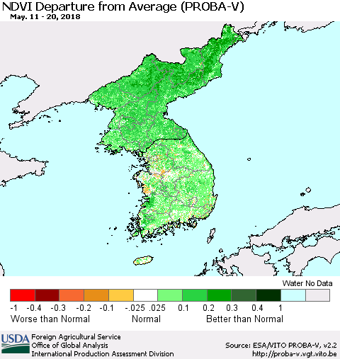 Korea NDVI Departure from Average (PROBA-V) Thematic Map For 5/11/2018 - 5/20/2018