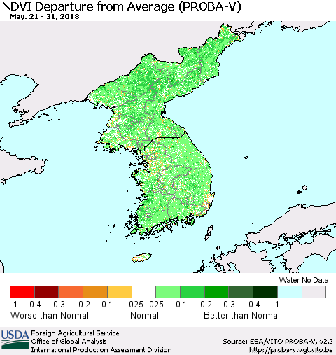 Korea NDVI Departure from Average (PROBA-V) Thematic Map For 5/21/2018 - 5/31/2018