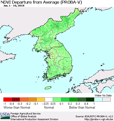 Korea NDVI Departure from Average (PROBA-V) Thematic Map For 6/1/2018 - 6/10/2018
