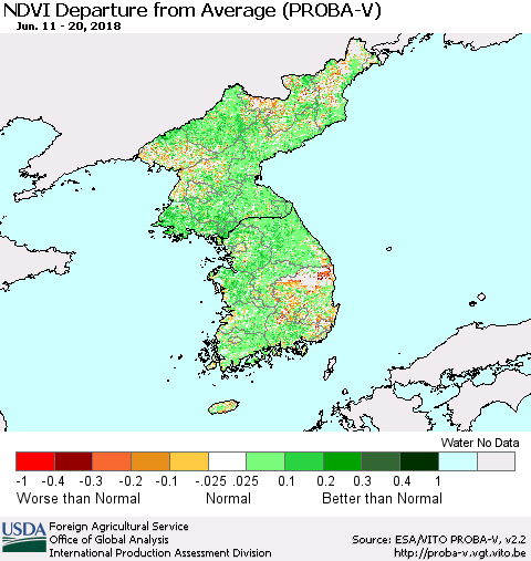 Korea NDVI Departure from Average (PROBA-V) Thematic Map For 6/11/2018 - 6/20/2018