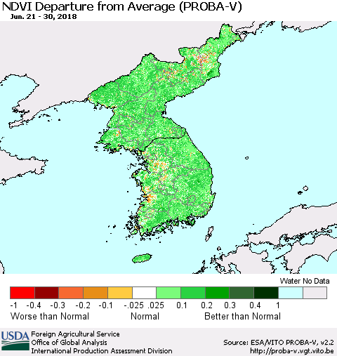Korea NDVI Departure from Average (PROBA-V) Thematic Map For 6/21/2018 - 6/30/2018