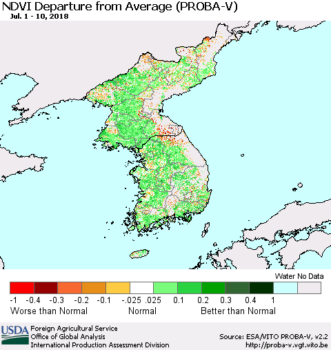 Korea NDVI Departure from Average (PROBA-V) Thematic Map For 7/1/2018 - 7/10/2018
