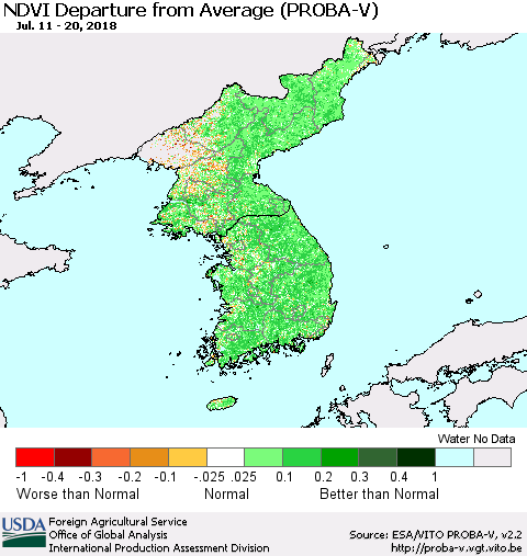 Korea NDVI Departure from Average (PROBA-V) Thematic Map For 7/11/2018 - 7/20/2018