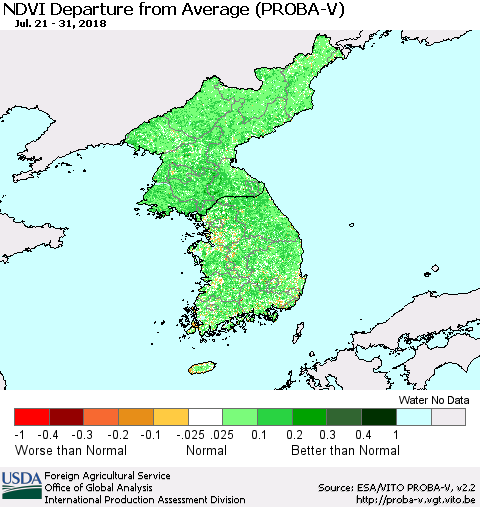 Korea NDVI Departure from Average (PROBA-V) Thematic Map For 7/21/2018 - 7/31/2018