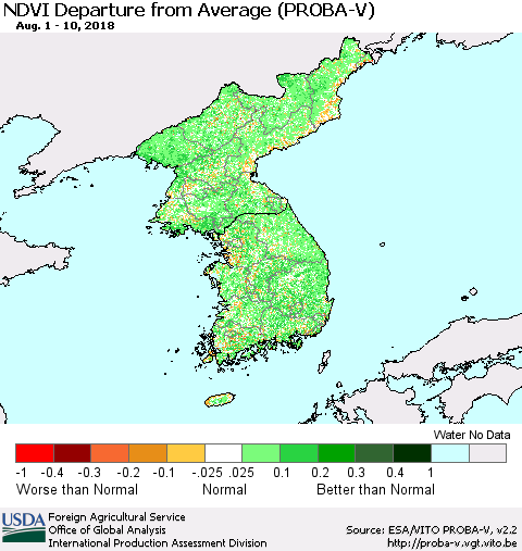 Korea NDVI Departure from Average (PROBA-V) Thematic Map For 8/1/2018 - 8/10/2018