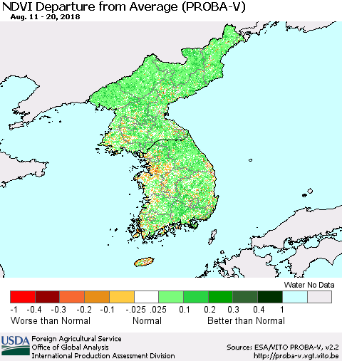 Korea NDVI Departure from Average (PROBA-V) Thematic Map For 8/11/2018 - 8/20/2018