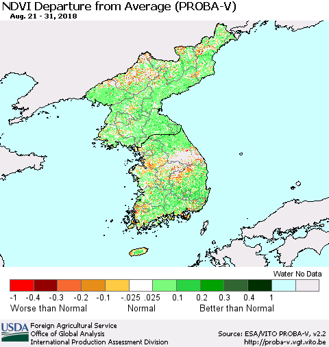 Korea NDVI Departure from Average (PROBA-V) Thematic Map For 8/21/2018 - 8/31/2018