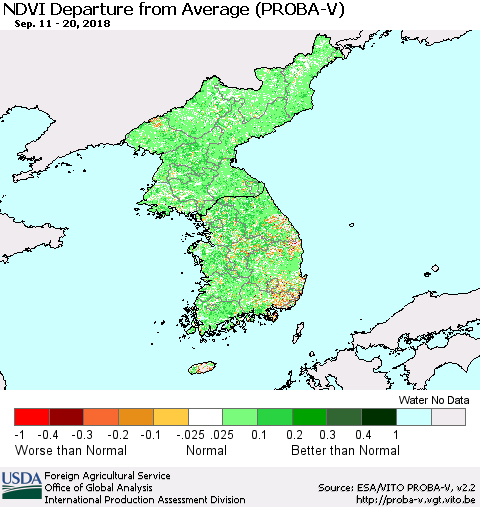 Korea NDVI Departure from Average (PROBA-V) Thematic Map For 9/11/2018 - 9/20/2018