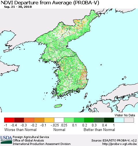 Korea NDVI Departure from Average (PROBA-V) Thematic Map For 9/21/2018 - 9/30/2018