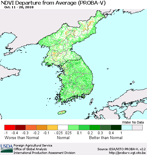 Korea NDVI Departure from Average (PROBA-V) Thematic Map For 10/11/2018 - 10/20/2018