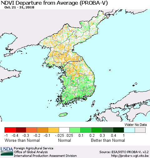 Korea NDVI Departure from Average (PROBA-V) Thematic Map For 10/21/2018 - 10/31/2018