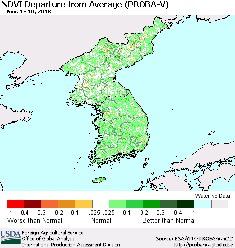Korea NDVI Departure from Average (PROBA-V) Thematic Map For 11/1/2018 - 11/10/2018