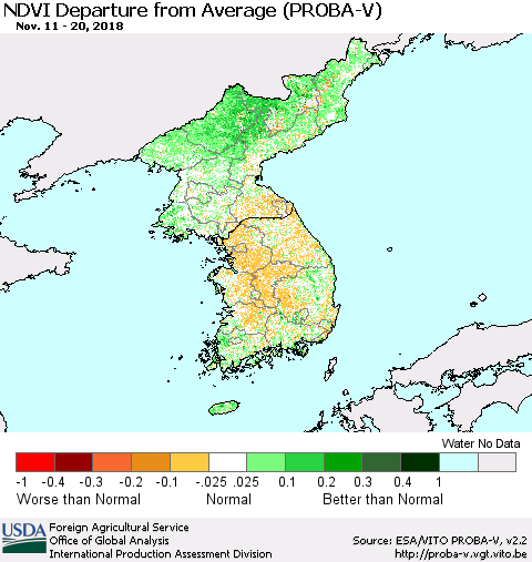 Korea NDVI Departure from Average (PROBA-V) Thematic Map For 11/11/2018 - 11/20/2018