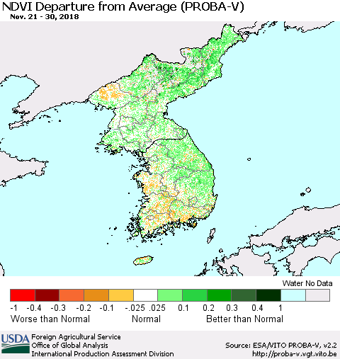 Korea NDVI Departure from Average (PROBA-V) Thematic Map For 11/21/2018 - 11/30/2018